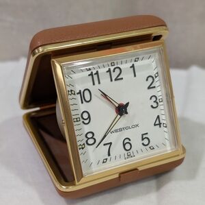 Vintage Westclox Travel Alarm Clock Brown Folding Case Tested Working Retro